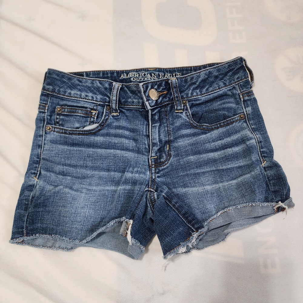 American Eagle Denim Shorts Distressed Frayed Hem Dark Wash Shortie Size‎ 2